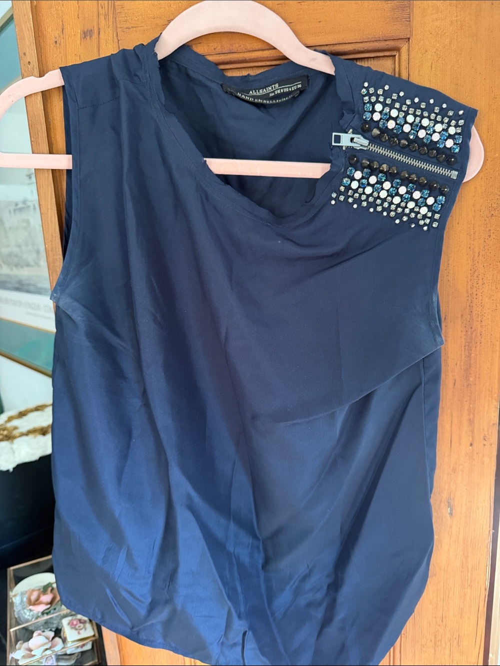 All Saints Embellished Navy Sleeveless Blouse